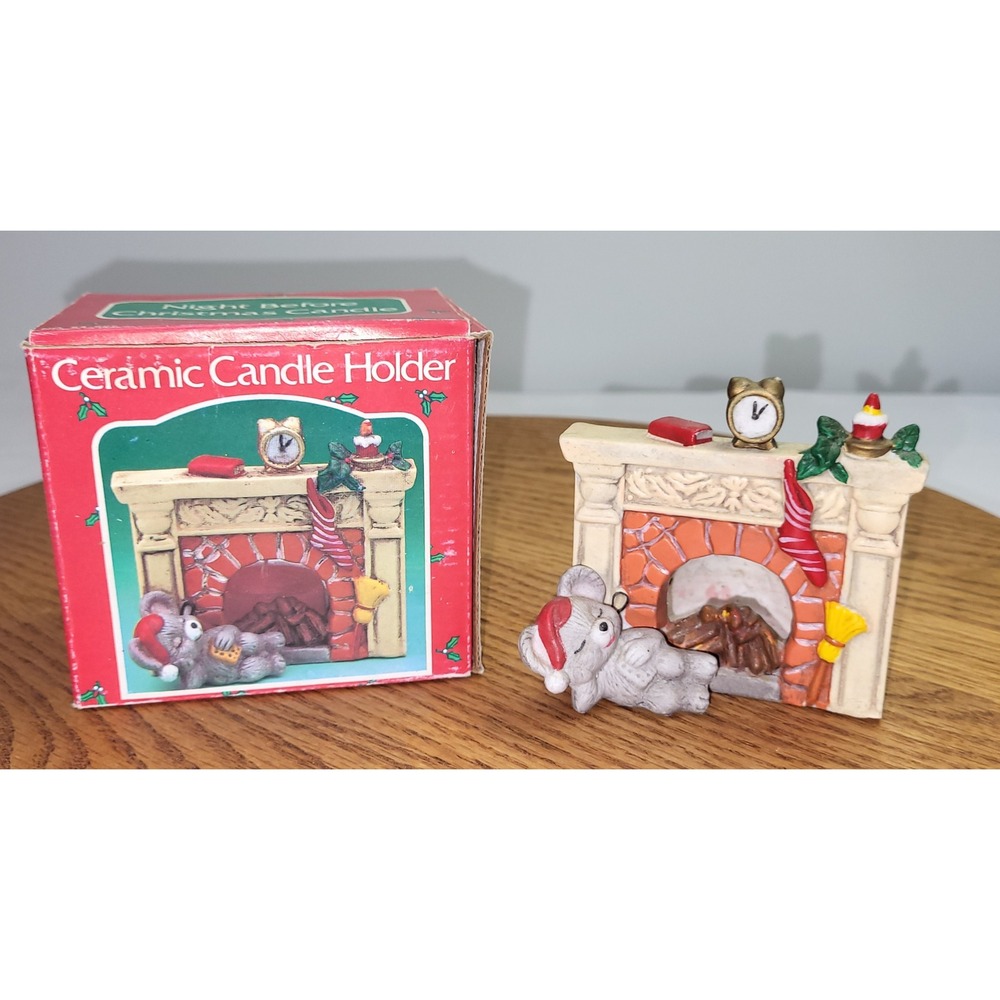 Vintage Night Before Christmas Ceramic Candle Holder Fireplace Mouse 54-527